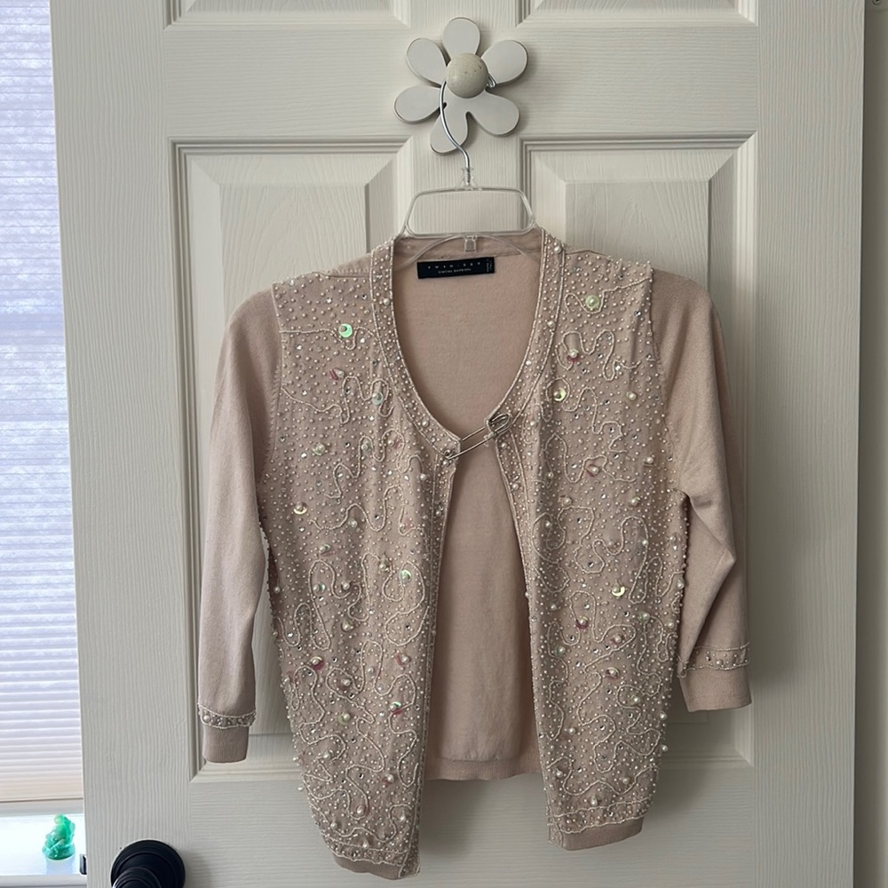 Simona Barbieri beaded pearl cardigan with safety pin closure